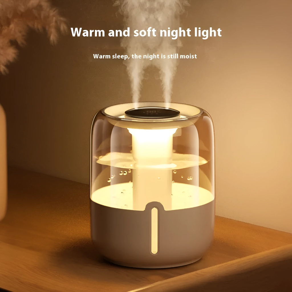 Beige round USB humidifier with dual spray nozzles, humidity display, and gear controls