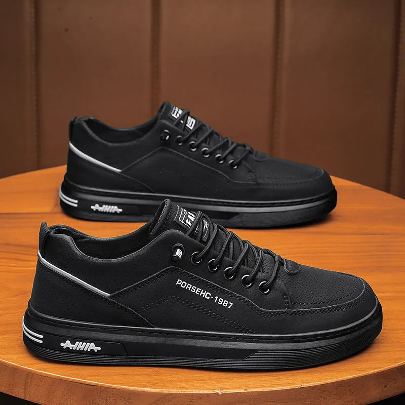 Men's waterproof casual work shoes with rubber soles in black, gray, and khaki colour options