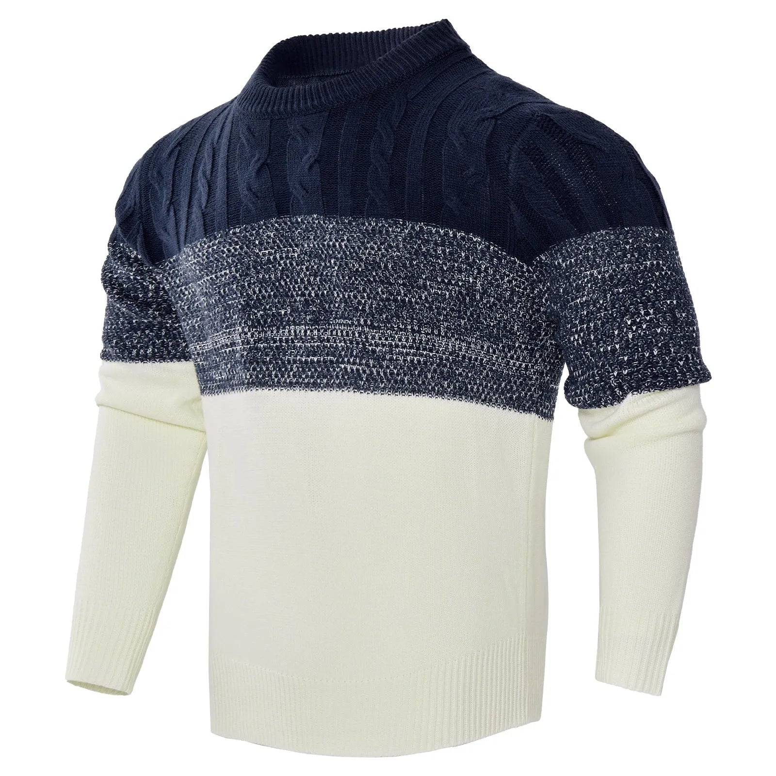 Men's grey cable-knit long sleeve pullover sweater on a hanger