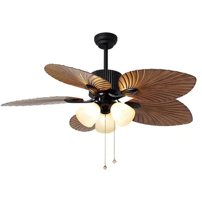 Retro-style brown and copper ceiling fan light with wooden blades and integrated lights.