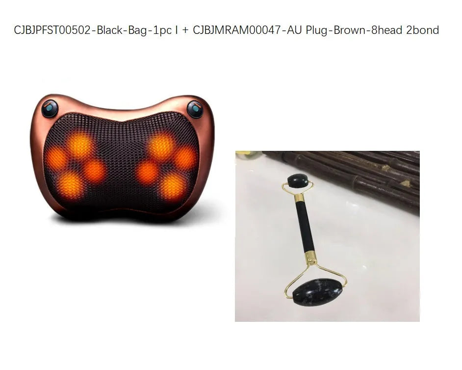 Electric infrared kneading massage pillow in black PU leather with control buttons and adjustable fixing strap for car seat use