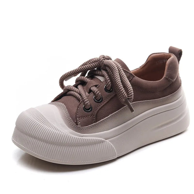 Women's yellow and cameo brown cow leather lace-up casual shoes with round toe and rubber soles