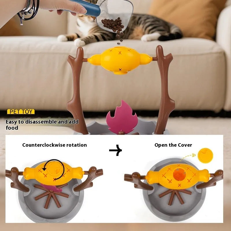 Barbecue-shaped tumbling cat feeder toy for interactive food dispensing play