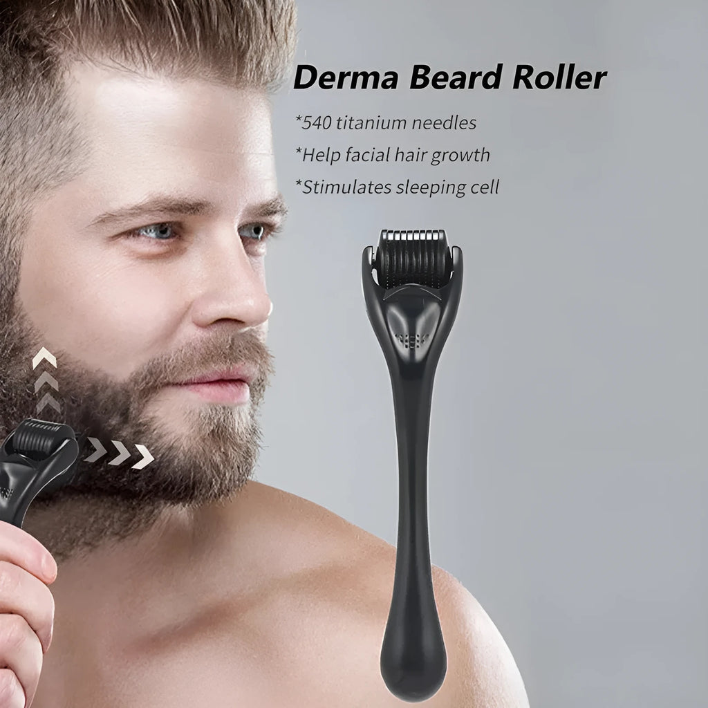 Black derma roller with titanium microneedles showing six size options from 0.2mm to 1.0mm