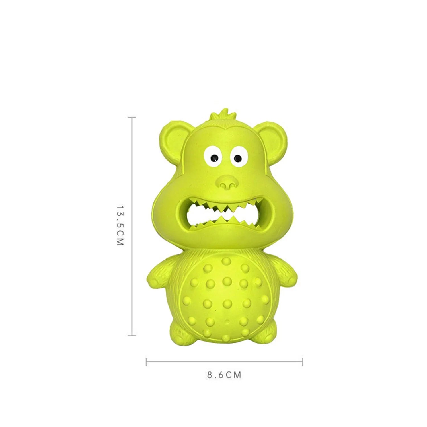 Green and yellow natural rubber squeaky dog toy for aggressive chewers on a white background