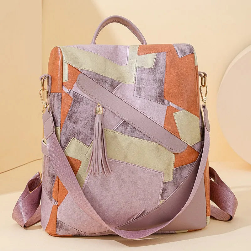 Large capacity retro patchwork PU leather tote bag with sewing line detailing, available in four colours, front view