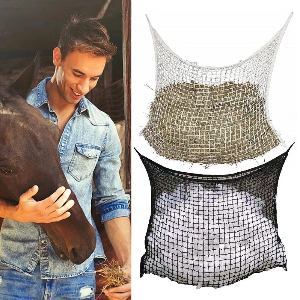Black woven PE rope hanging feeding bag for horses, shown with hay, next to a white version.