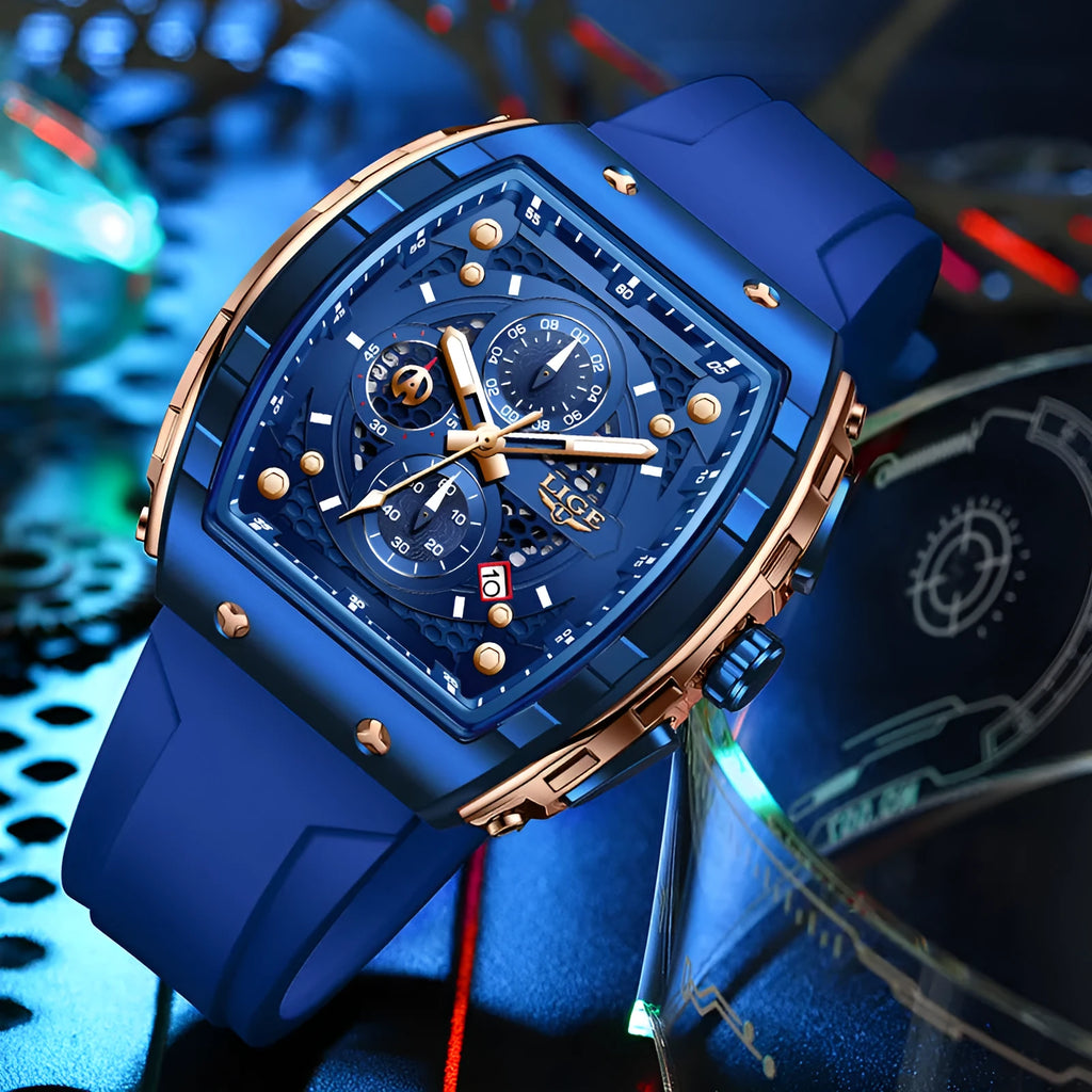 Men's sports quartz watch with 50mm luminous dial and mineral glass mirror, available in multiple colours