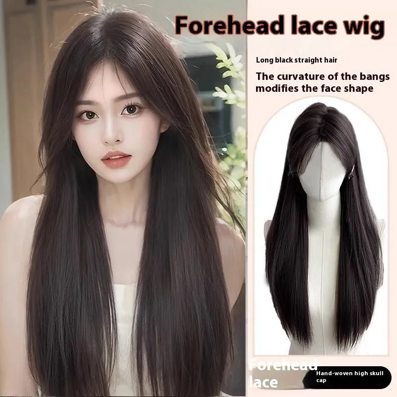 Forehead lace black long straight full-head wig with side bangs in high temperature fibre material