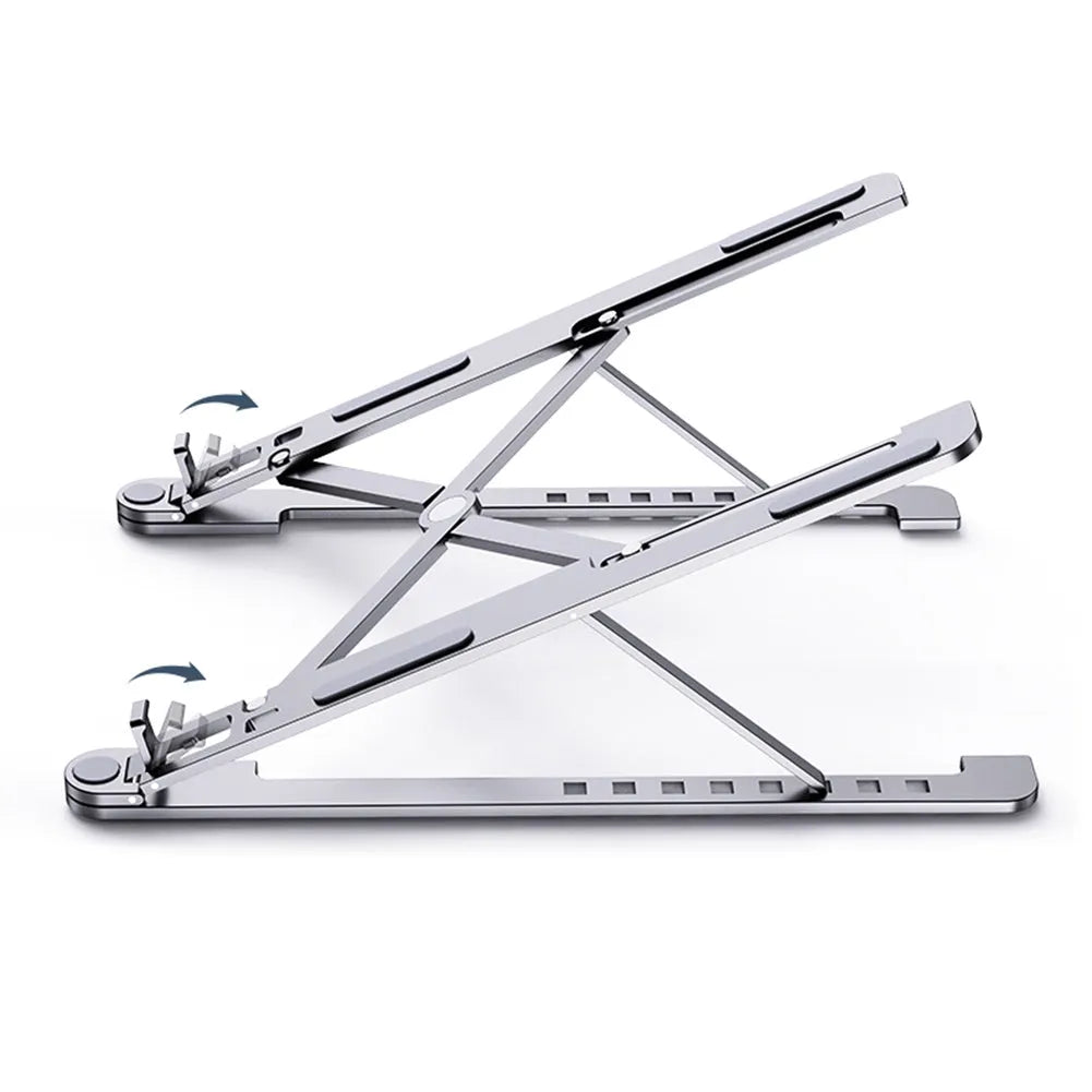 Foldable aluminum laptop stand in silver colour, shown both open in use and folded flat.