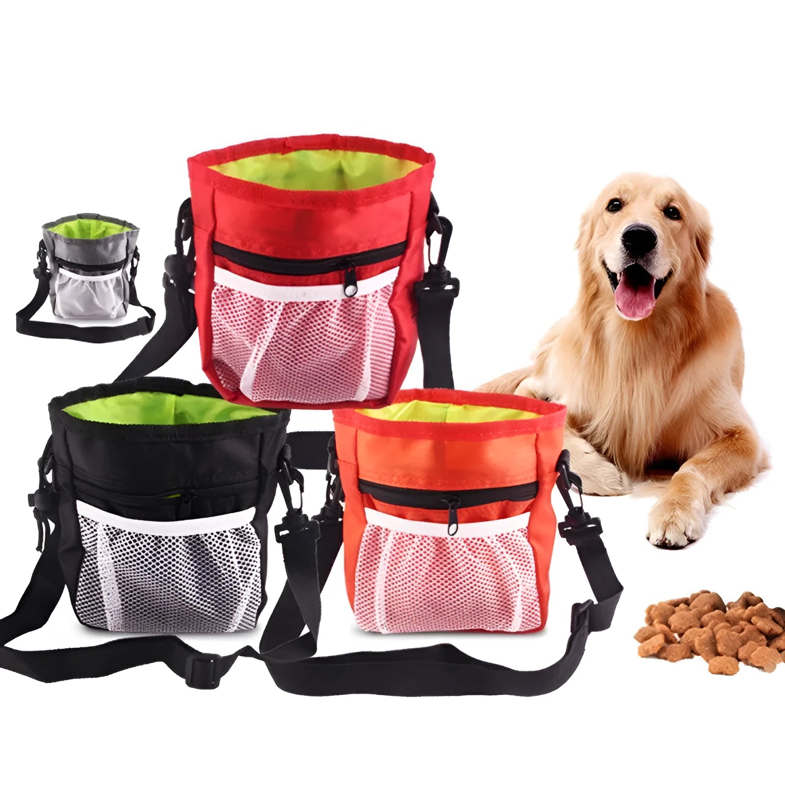 Dog treat pouch in red Oxford cloth with drawstring closure and detachable belt buckle, 18x14x6cm