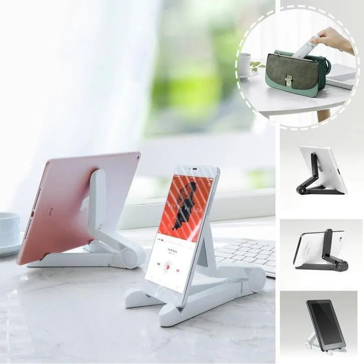 Black foldable aluminium tablet holder open in landscape mode supporting an iPad, showing side adjustment buttons.