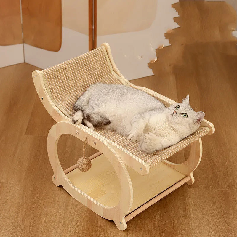 Solid wood cat scratching post bed with sisal surface in walnut colour