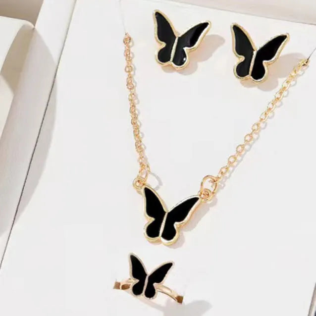 Five-piece butterfly pendant jewellery set for women including necklace earrings ring bracelet in black alloy electroplated finish