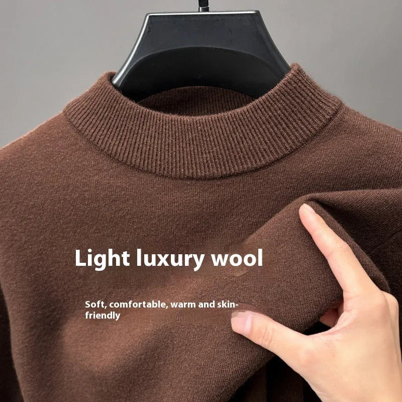 Men's solid colour fine wool half turtleneck long sleeve pullover on a hanger