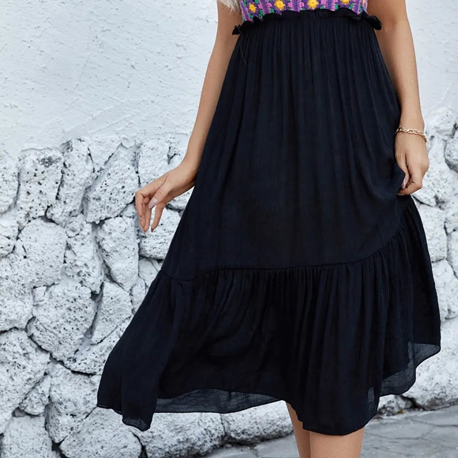 Purple sleeveless dress with hand hook floral stitching and matching acrylic skirt