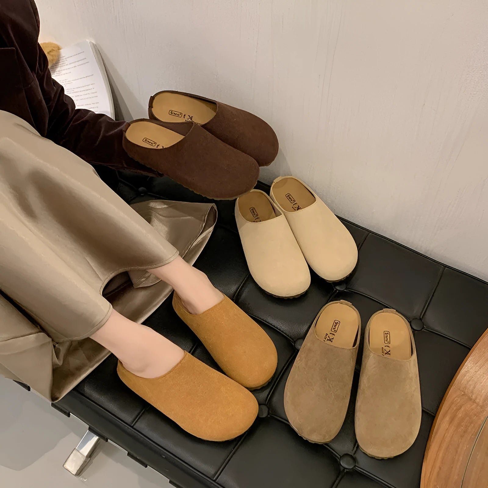 Korean style square toe outdoor slippers in apricot colour with a microfiber upper and PU sole.
