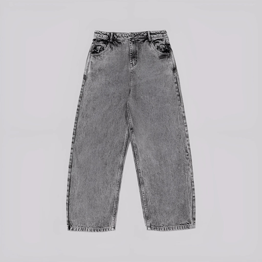 Grey loose straight-leg denim trousers for men and women with cotton fabric and mid waist