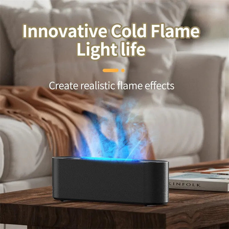 Black ultrasonic humidifier with LED flame lighting and water mist emission