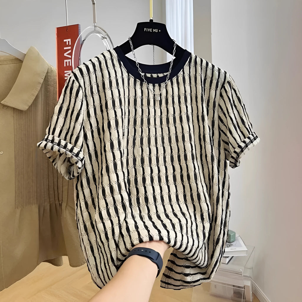 Black striped men's casual short sleeve top with loose fit and silk-linen fabric blend