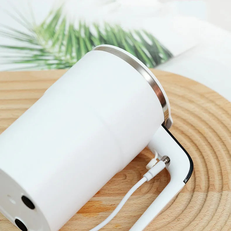 Rechargeable 380ml automatic stirring coffee mug with magnetic stirrer, temperature display, and stainless steel interior in black
