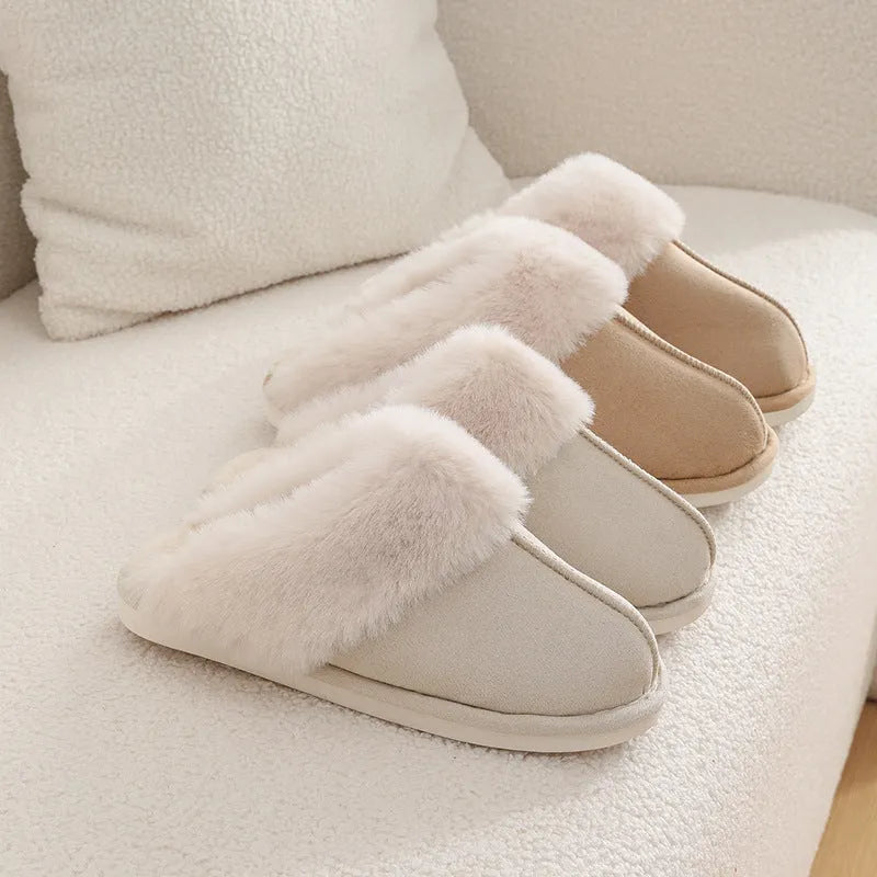 Women's plush winter slippers with round toe, flat heel, and PVC anti-slip sole