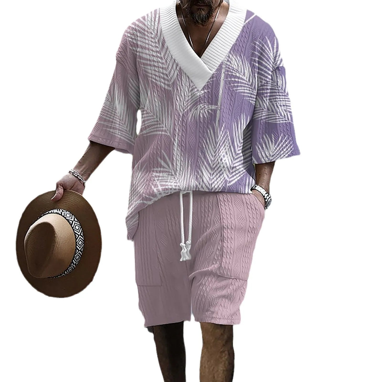 Men's grey printed knitted short-sleeved top and matching shorts on a hanger.