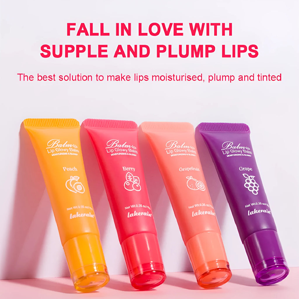 Lip gloss lipstick in natural finish with Berry, Grape, Grapefruit, and Yellow Peach flavour options.