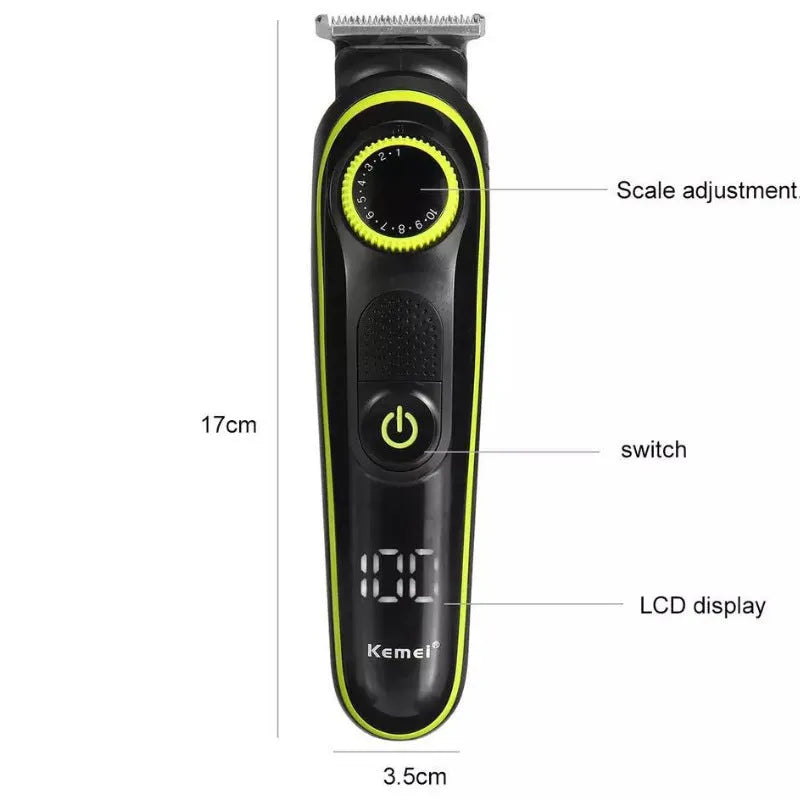 Black KM-696 household electric hair clipper set with USB charging cable and cleaning brush.