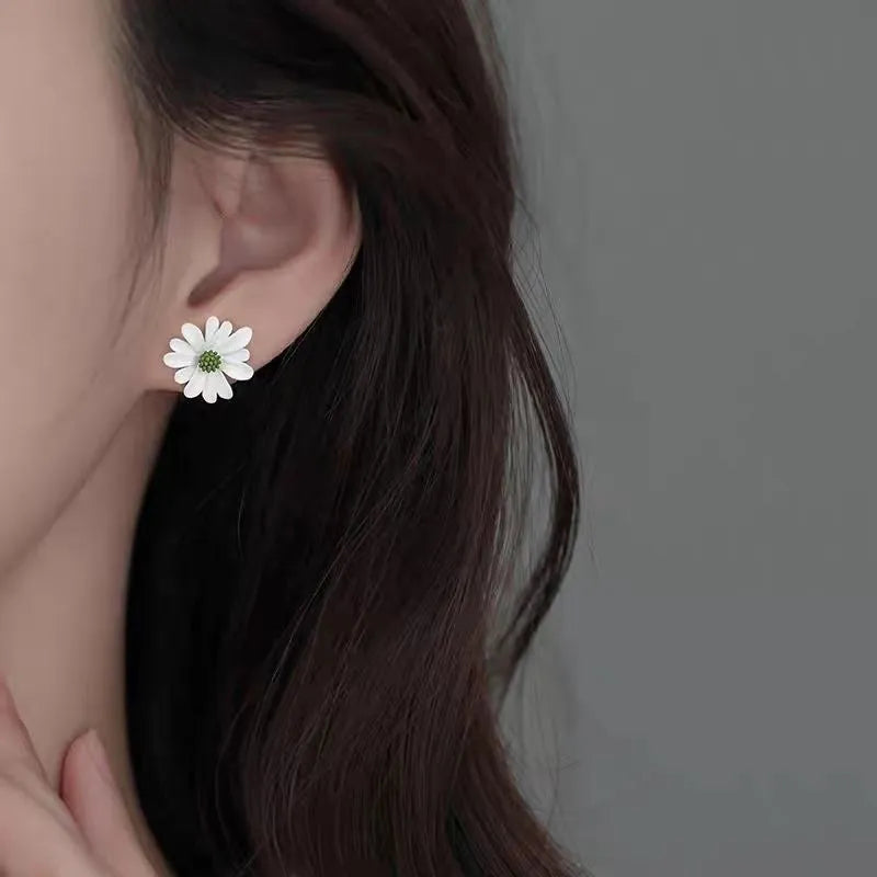 Women's alloy flower stud earrings in blue orange, white green, and yellow white two-tone colour combinations