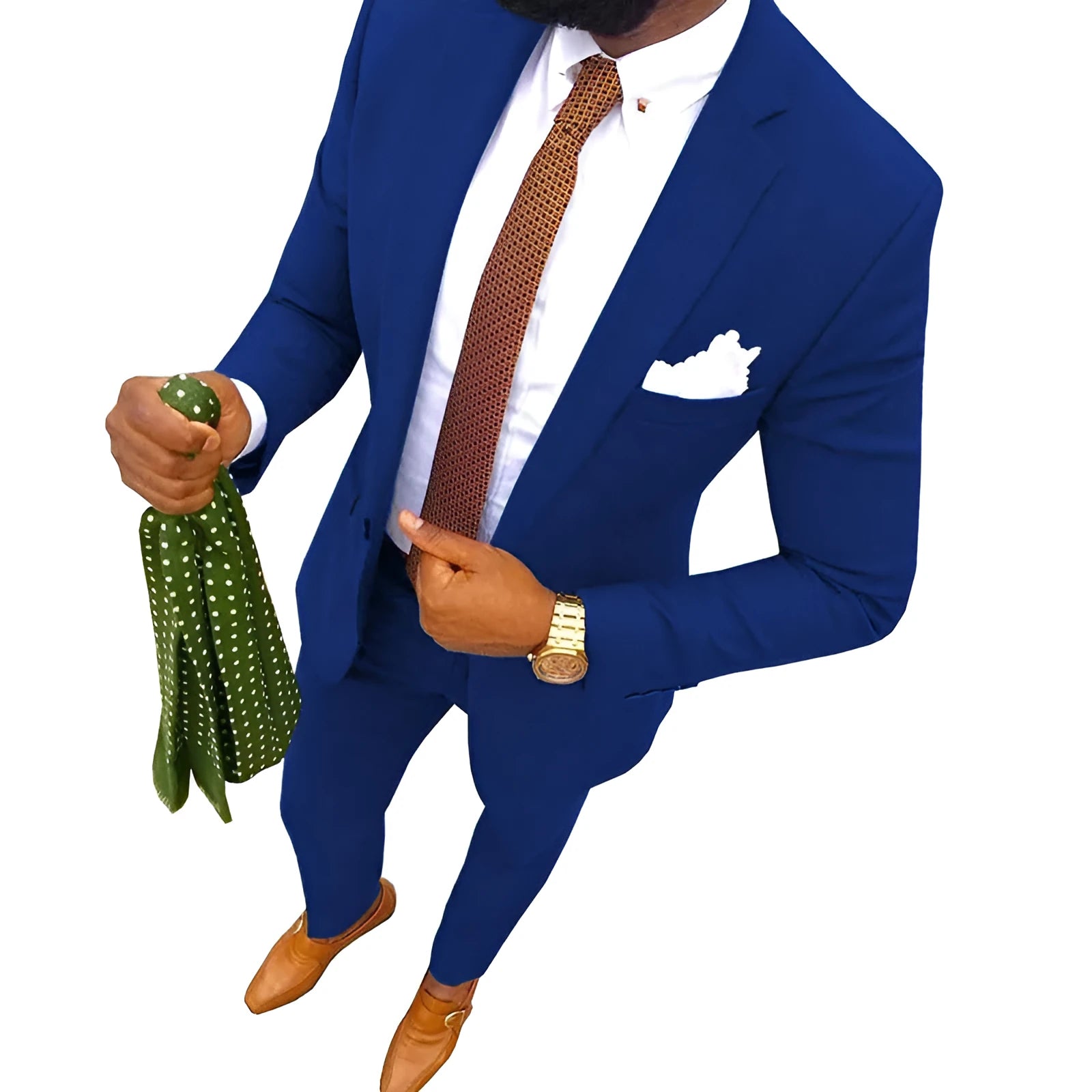Men's multicolour cotton banquet suit jacket and trousers on a hanger, showing various available colours.