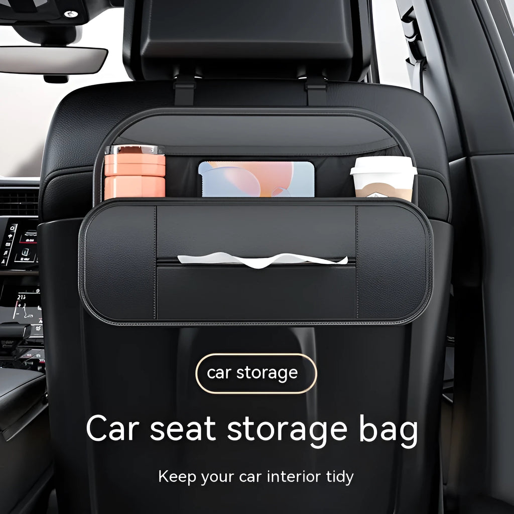 Black leather car seat back storage bag shown with dimensions 36cm wide by 24cm tall.