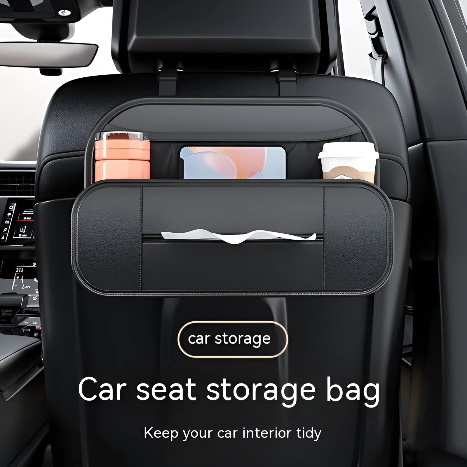 Black leather car seat back storage bag shown with dimensions 36cm wide by 24cm tall.