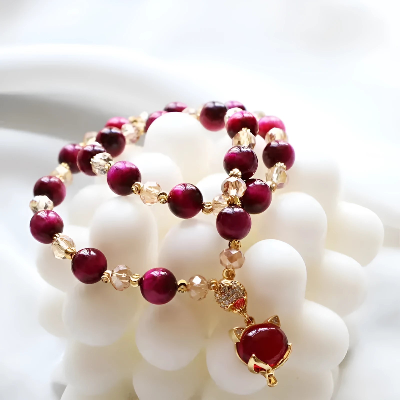 Handmade natural Vanves stone and Tigereye bead bracelet on single or double chain in green or rose red.