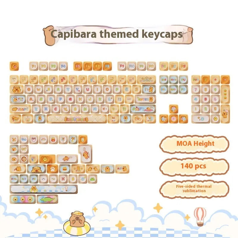 Sublimation printed PBT keycap set for mechanical keyboards showing cartoon pig and animal theme designs