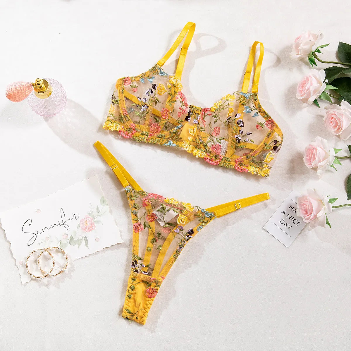 Women's floral polyester underwear suit bikini set showing pure desire style in multiple colour options