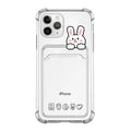 Transparent cartoon-design phone case with a card slot on the back, fitted on an iPhone.