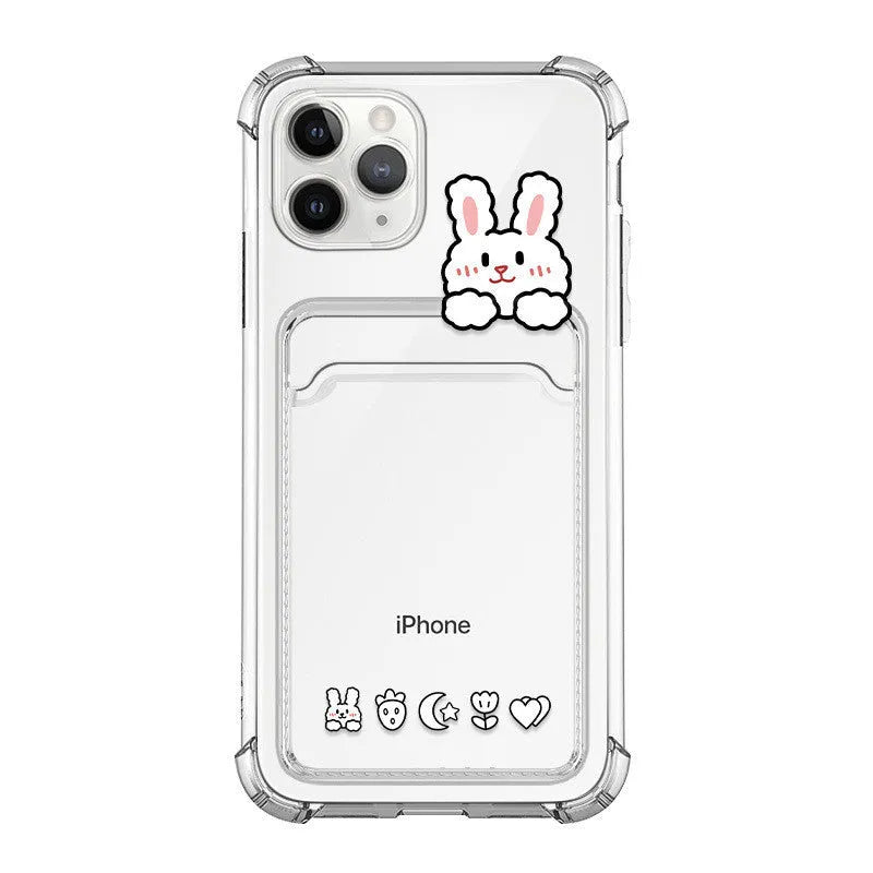 Transparent cartoon-design phone case with a card slot on the back, fitted on an iPhone.