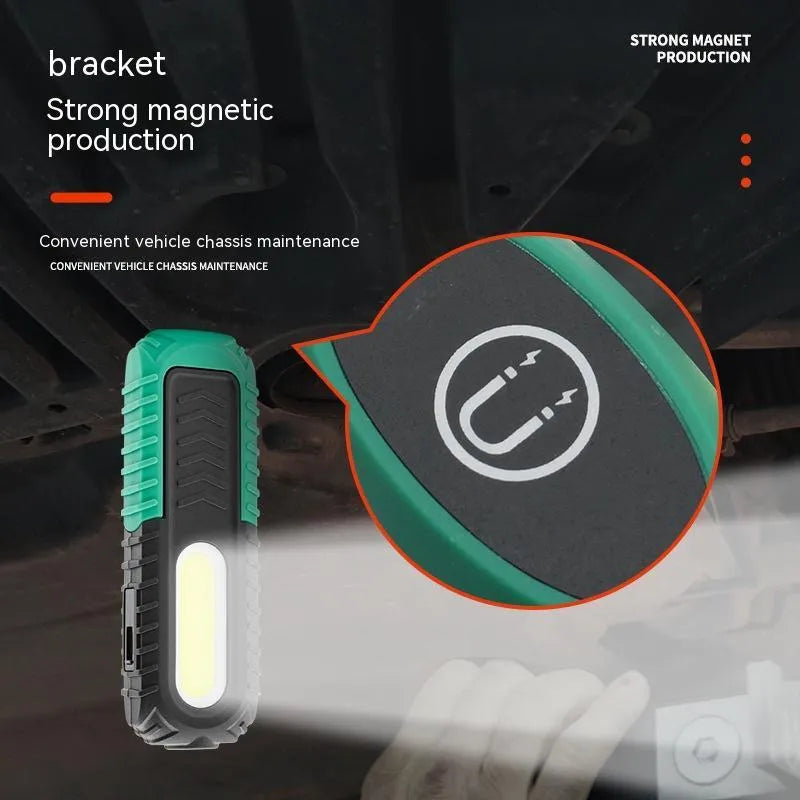 Black and green USB rechargeable auto repair work light with PET coating for drop resistance