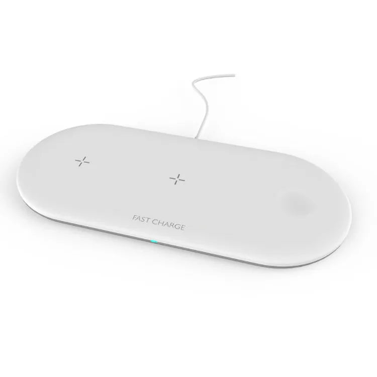 Black three-in-one wireless charging station for Apple iPhone iWatch and AirPods on a desk
