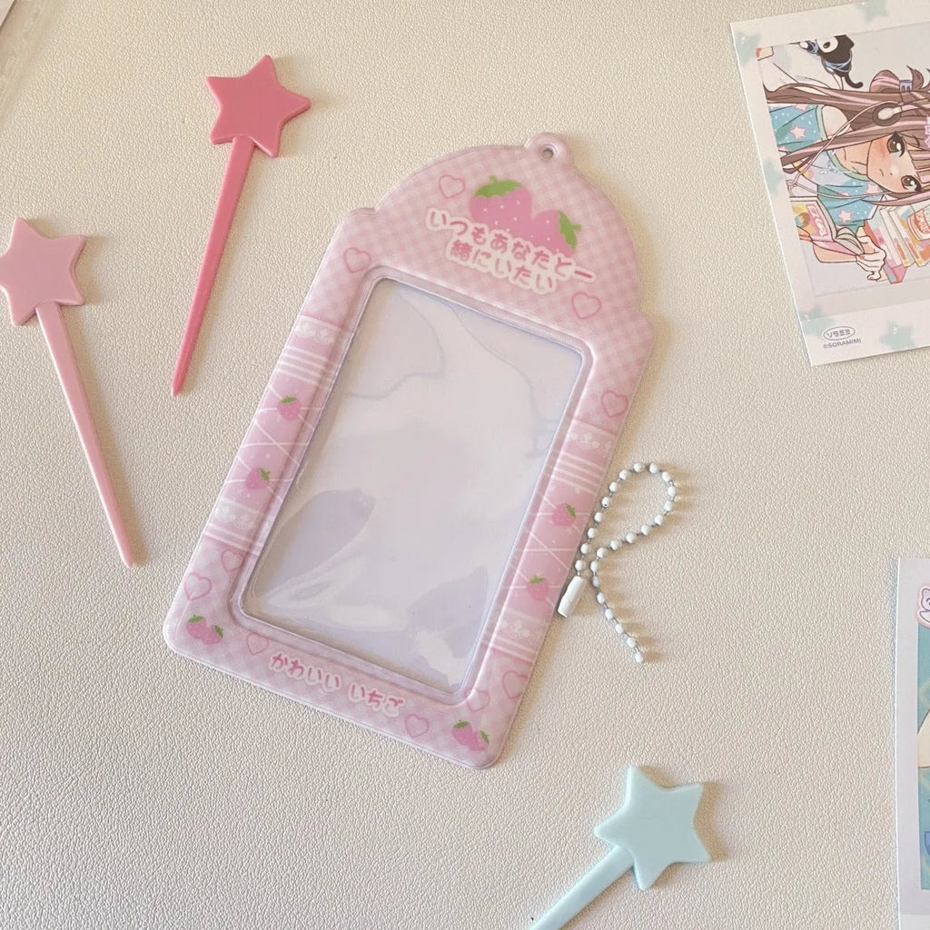 Cartoon strawberry design PVC meal card holder measuring 7.6cm by 13.6cm