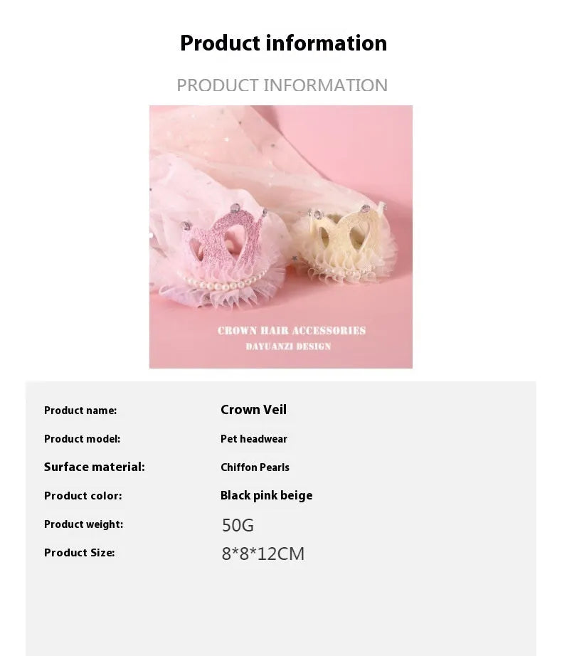 Cat wearing a princess crown headdress with a beige veil, pet wedding accessory