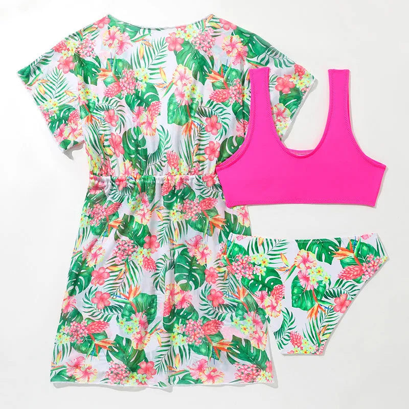 Girls' floral two-piece swimsuit in Korean-style design for swimming sports, sizes 130-160cm.