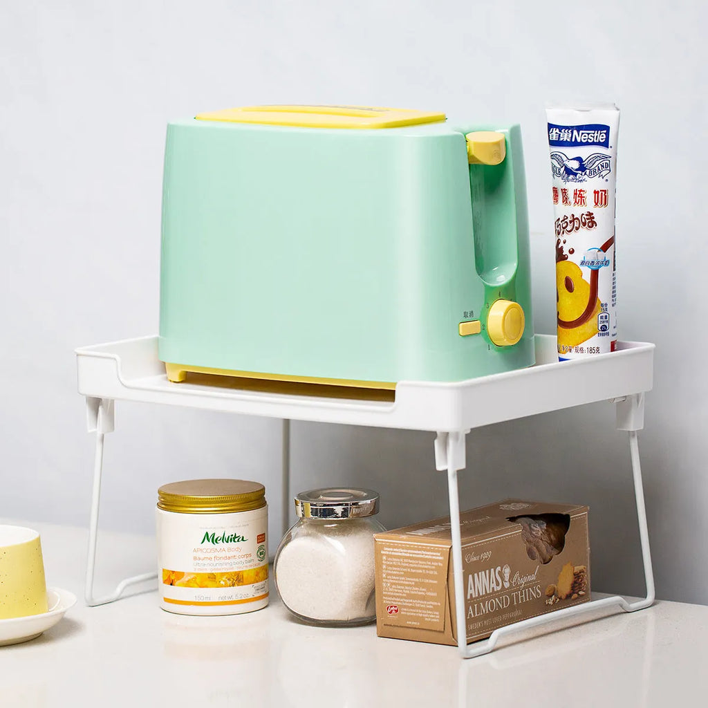 Transparent and white plastic kitchen supplies rack for desktop cupboard organisation