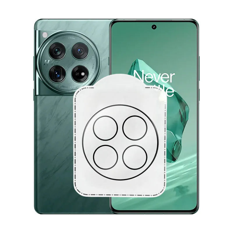 Tempered glass lens protector with black ring for OnePlus 12, Find N3, and OnePlus 11 phones.
