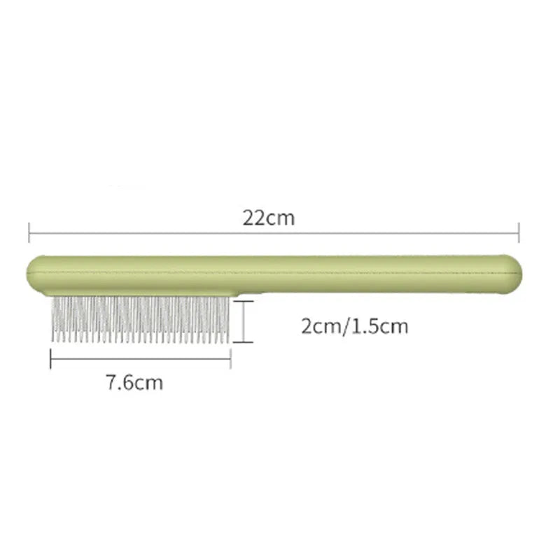 Cat comb with rounded stainless steel teeth and ergonomic handle on white background