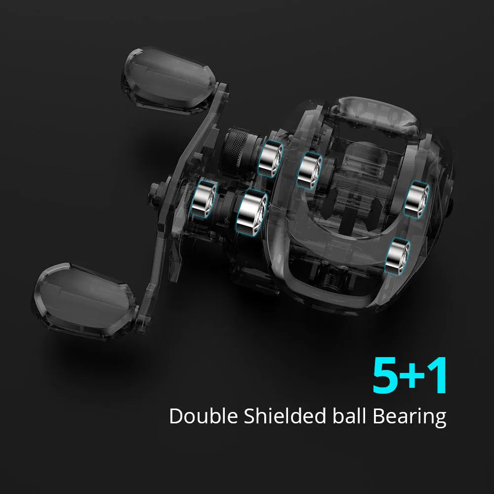 Fishing rod spinning reel with drip wheel lure mechanism and rocking wheel line guide