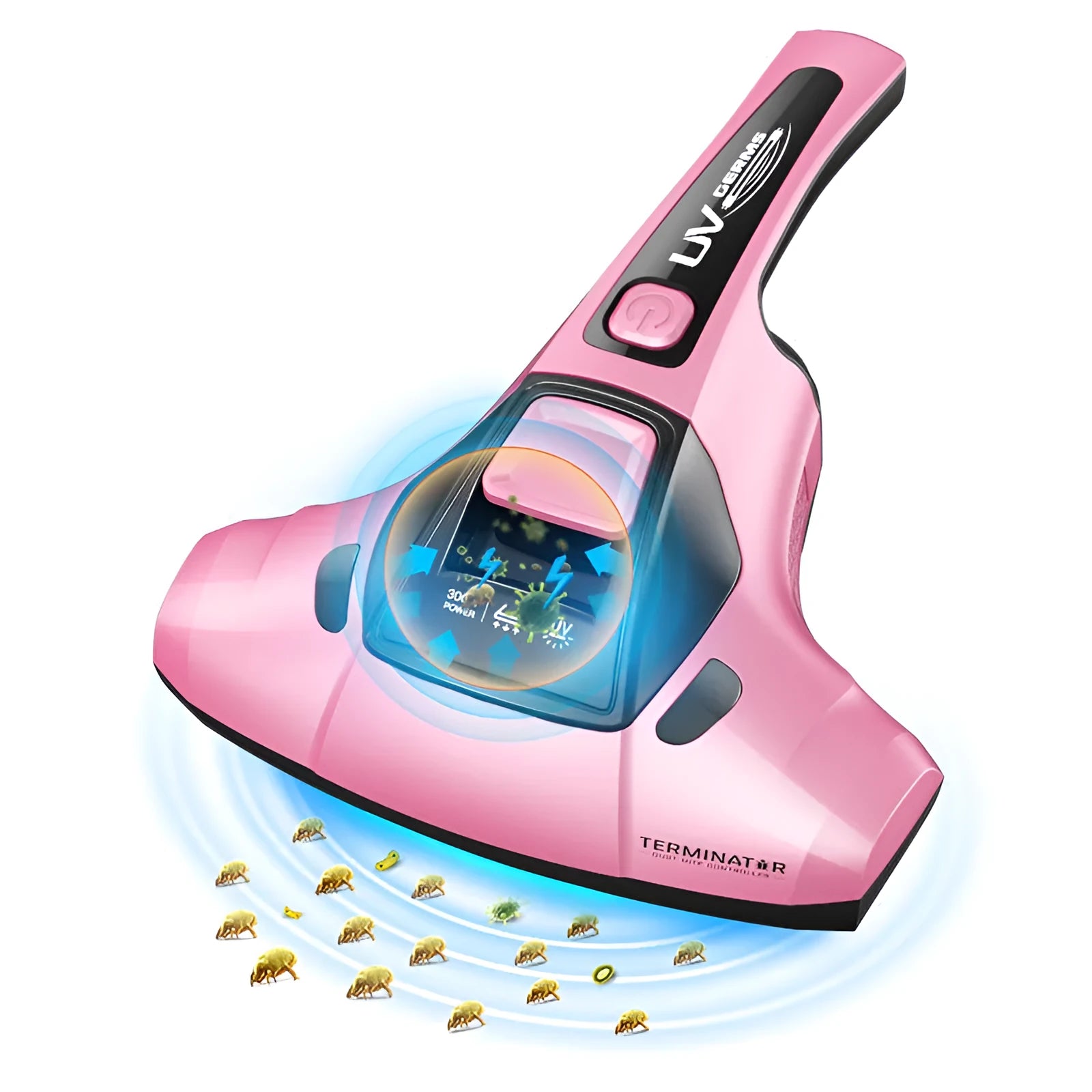 Pink handheld vacuum cleaner with UV-C light for mite removal on mattresses and sofas