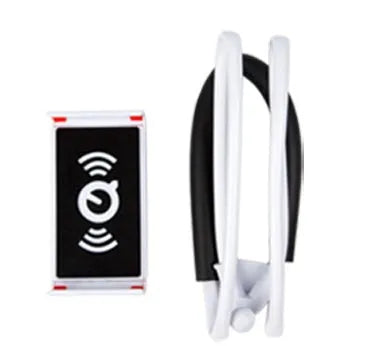 Universal white plastic phone neck holder with shock foam, showing 360-degree rotation and phone clamp.