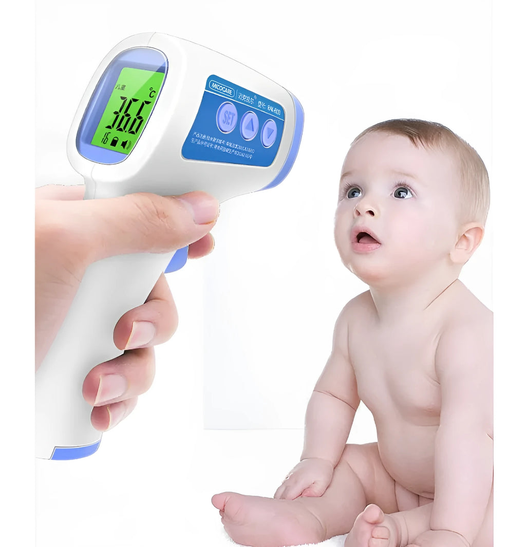 White RAK-FI03 infrared forehead thermometer held near a child's forehead showing non-contact measurement